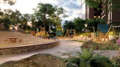 Арбан Scandis - концептуальные фото готовых новостроек. Детская площадка и озеленение во дворе.