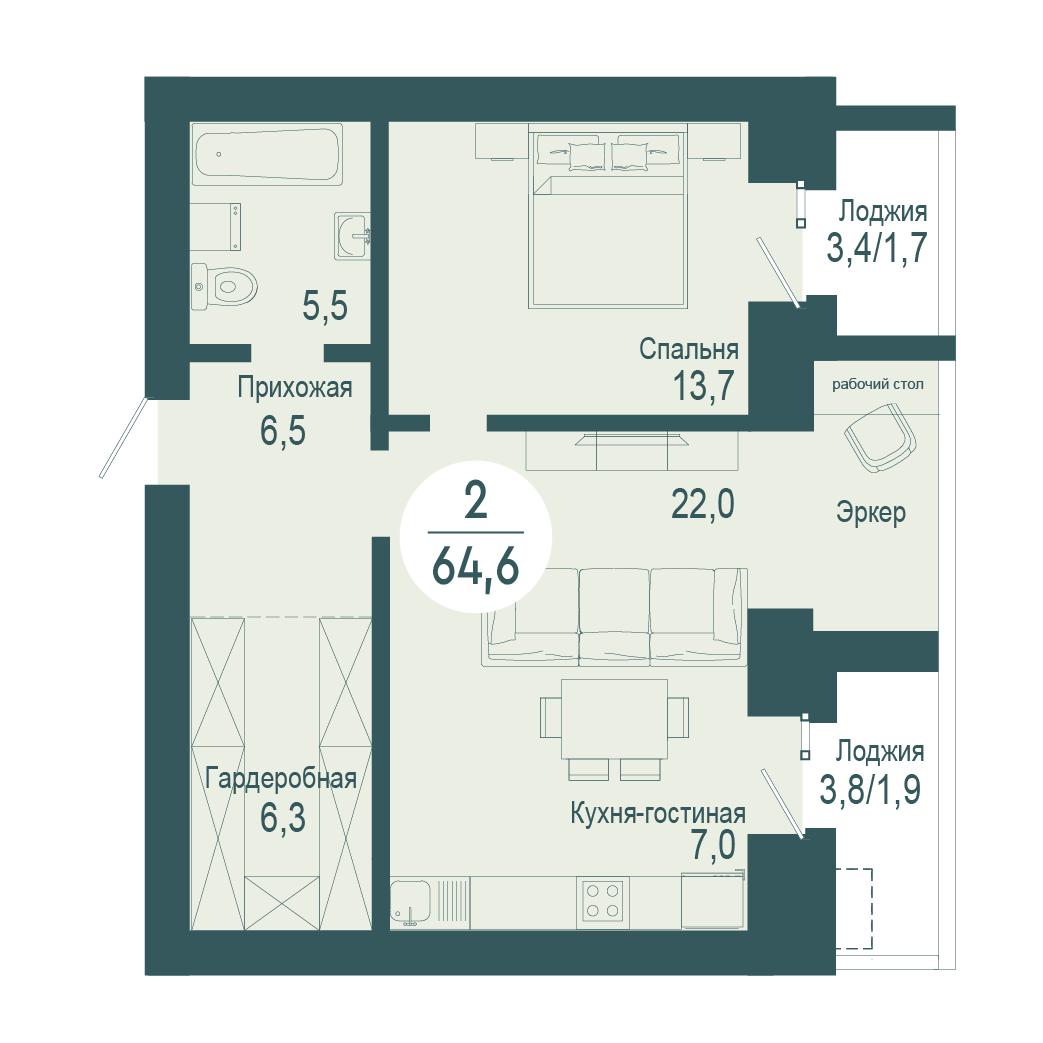 Фото объекта 2-комнатная квартира в SCANDIS OZERO, ул. Авиаторов, 16-й этаж, 2к, 64.60м² от застройщика Арбан — 9883