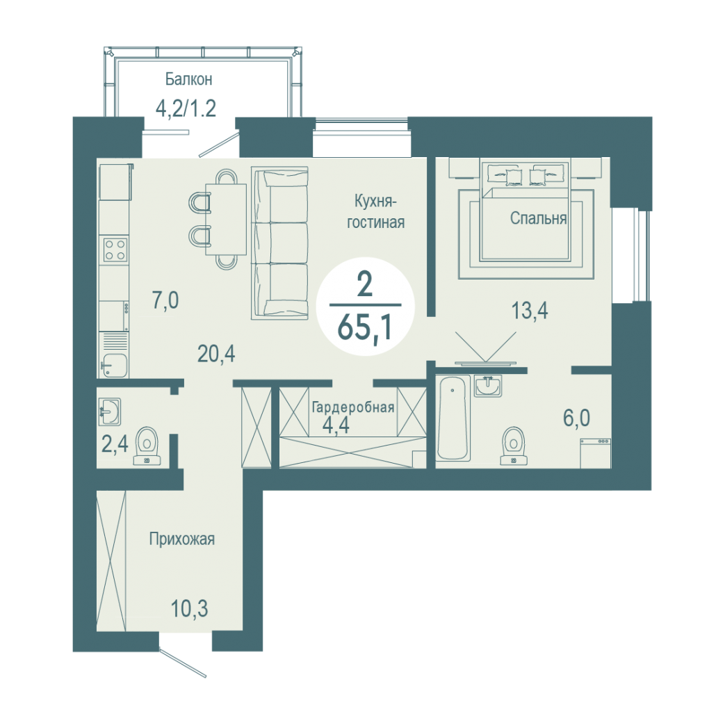Фото объекта 2-комнатная квартира в SCANDIS OZERO, ул. Авиаторов, 7-й этаж, 2к, 65.10м² от застройщика Арбан — 10000