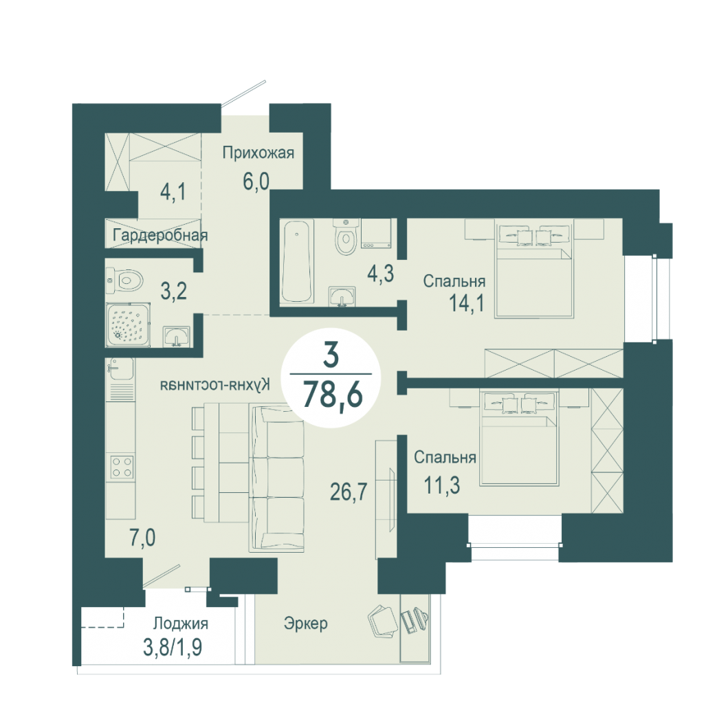 Фото объекта 3-комнатная квартира в SCANDIS OZERO, ул. Авиаторов, 7-й этаж, 3к, 78.60м² от застройщика Арбан — 10006