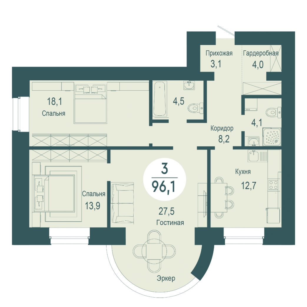 Фото объекта 3-комнатная квартира в SCANDIS OZERO, ул. Авиаторов, 2-й этаж, 3к, 96.10м² от застройщика Арбан — 10253