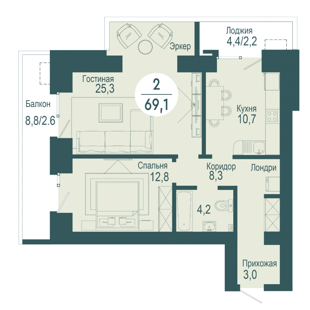 Фото объекта 2-комнатная квартира в SCANDIS OZERO, ул. Авиаторов, 5-й этаж, 2к, 69.10м² от застройщика Арбан — 10255