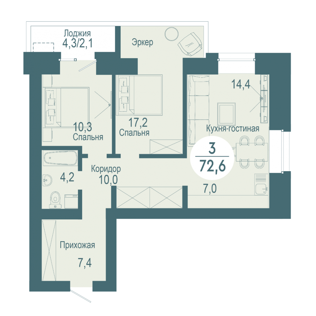 Фото объекта 3-комнатная квартира в SCANDIS OZERO, ул. Авиаторов, 16-й этаж, 3к, 72.60м² от застройщика Арбан — 10299