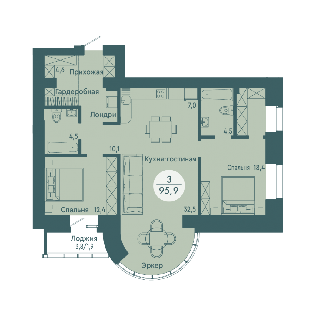 Фото объекта 3-комнатная квартира в SCANDIS OZERO, ул. Авиаторов, 9-й этаж, 3к, 95.90м² от застройщика Арбан — 10387