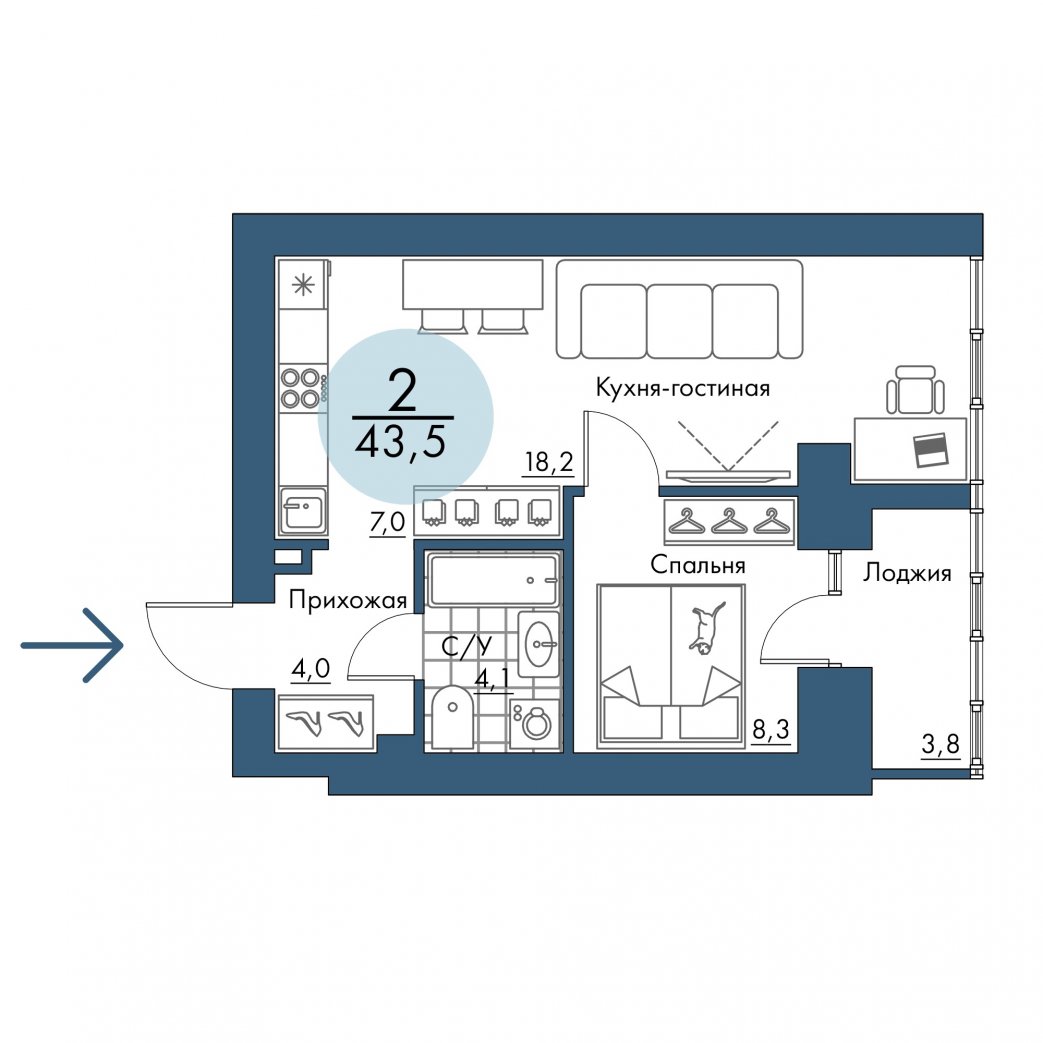 Фото объекта 2-комнатная квартира в ПОРТОВЫЙ - лофт-район на берегу Енисея, 3-й этаж, 2к, 43.50м² от застройщика Арбан — 20922