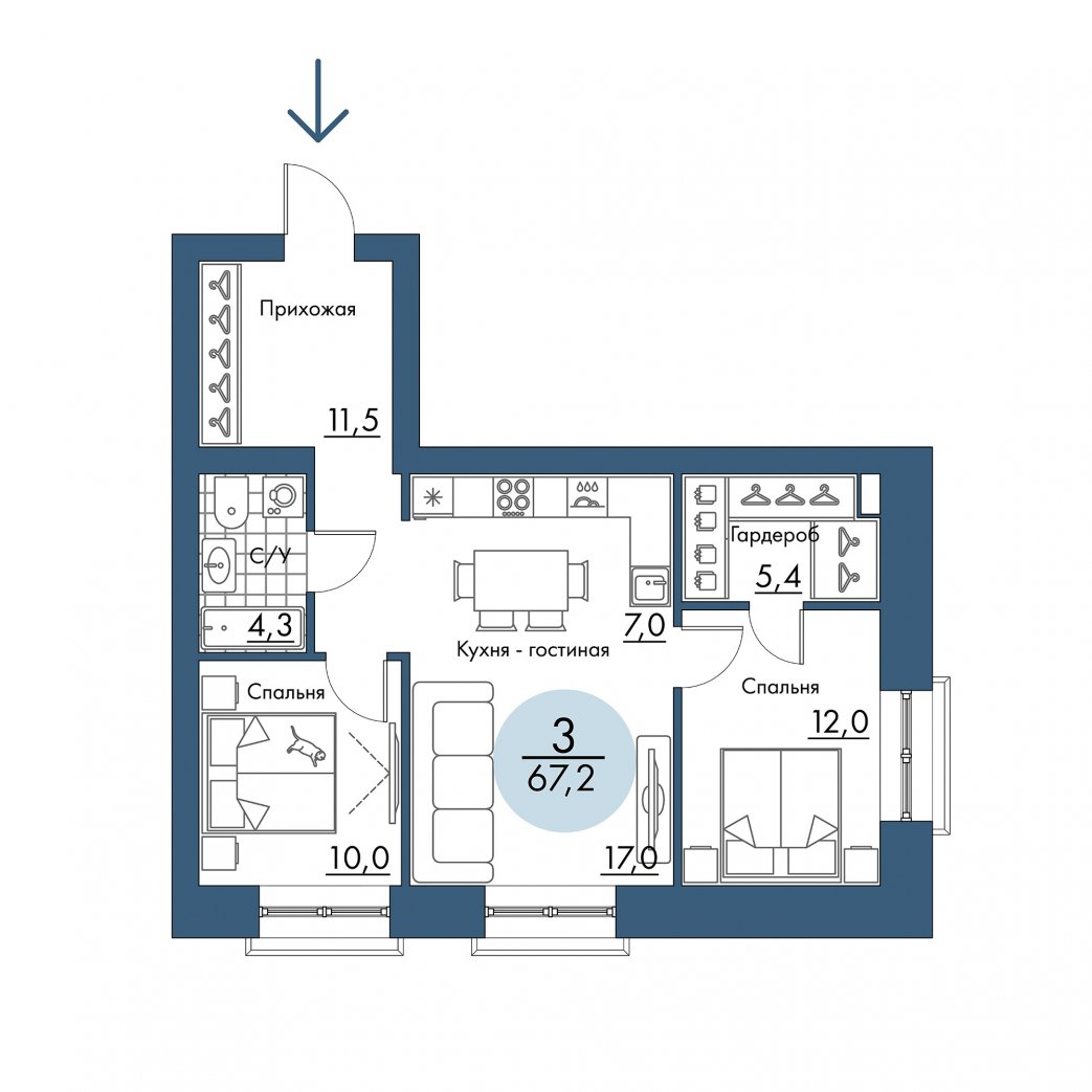 Фото объекта 3-комнатная квартира в ПОРТОВЫЙ - лофт-район на берегу Енисея, 2-й этаж, 3к, 67.20м² от застройщика Арбан — 21044