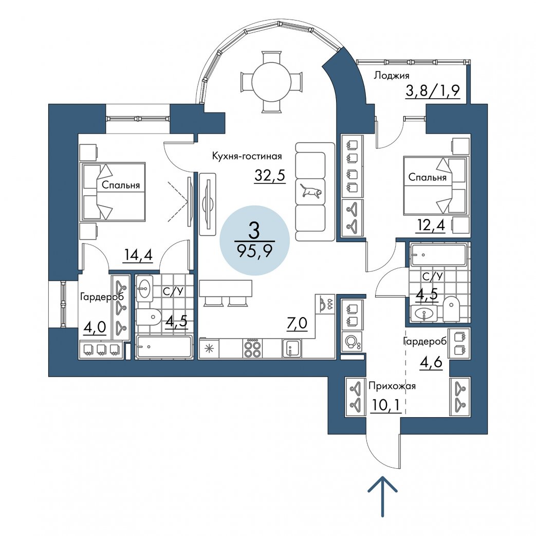 Фото объекта 3-комнатная квартира в ПОРТОВЫЙ - лофт-район на берегу Енисея, 9-й этаж, 3к, 95.90м² от застройщика Арбан — 21096