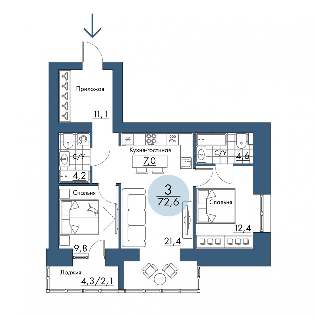 Фото объекта 3-комнатная квартира в ПОРТОВЫЙ - лофт-район на берегу Енисея, 12-й этаж, 3к, 72.60м² от застройщика Арбан — 21124