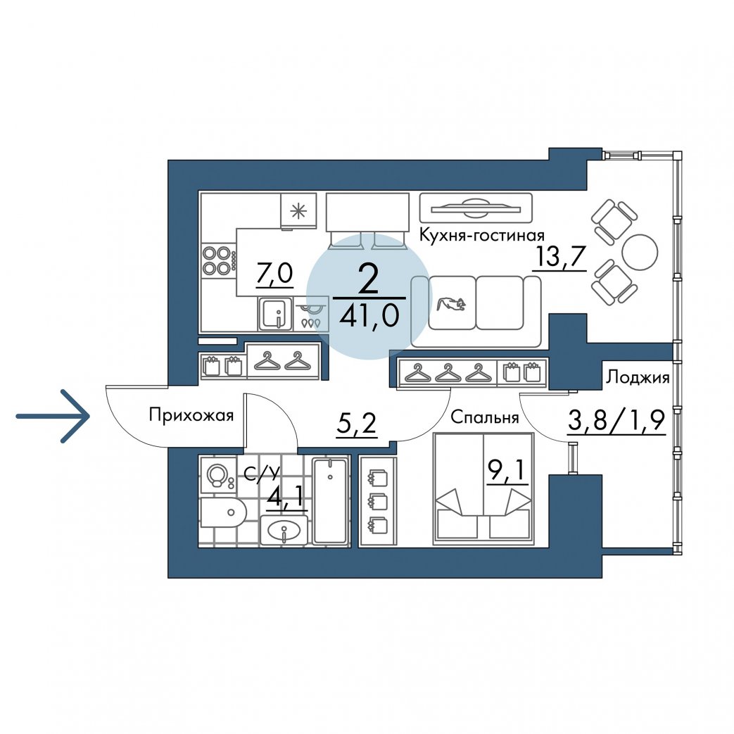 Фото объекта 2-комнатная квартира в ПОРТОВЫЙ - лофт-район на берегу Енисея, 5-й этаж, 2к, 41.00м² от застройщика Арбан — 21194