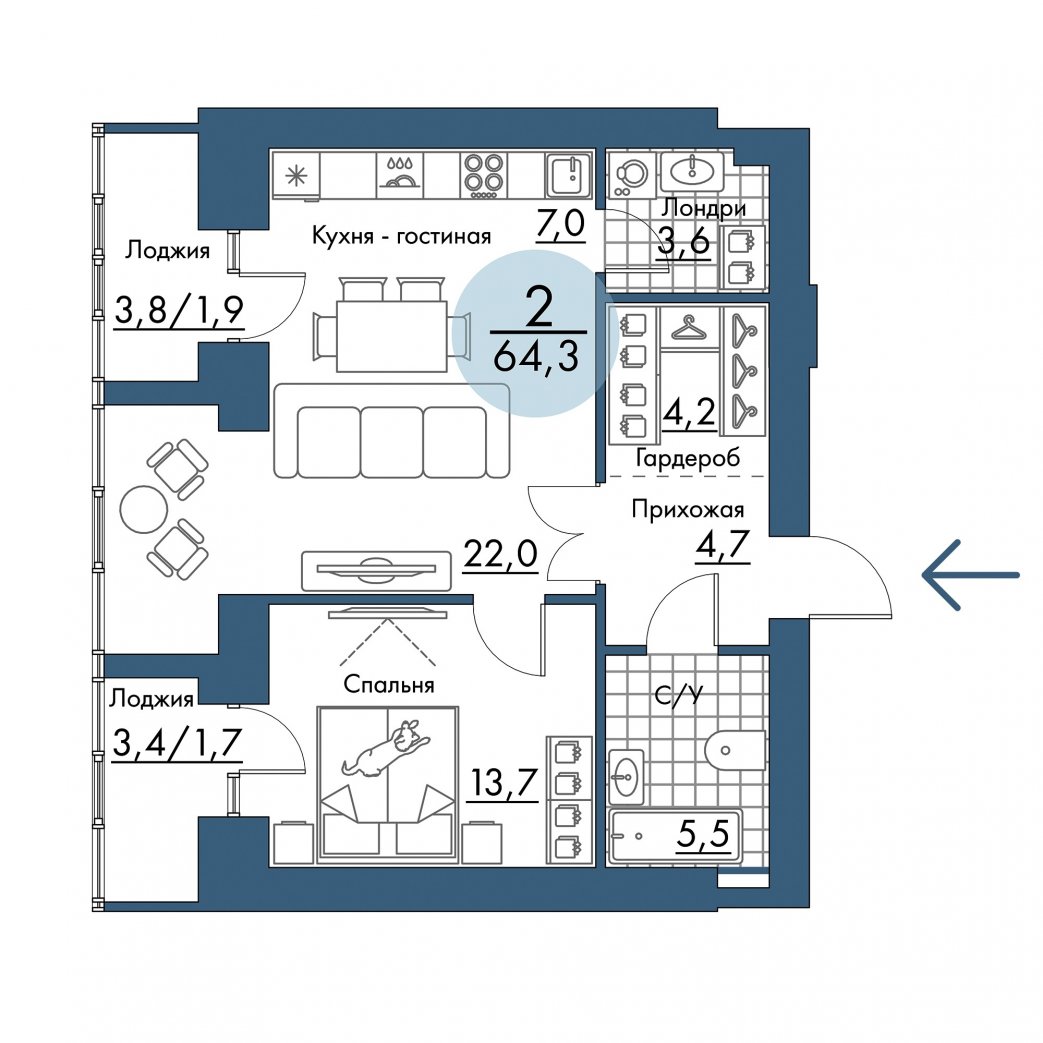 Фото объекта 2-комнатная квартира в ПОРТОВЫЙ - лофт-район на берегу Енисея, 13-й этаж, 2к, 64.30м² от застройщика Арбан — 21254