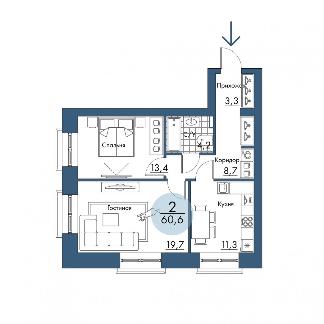 Фото объекта 2-комнатная квартира в ПОРТОВЫЙ - лофт-район на берегу Енисея, 2-й этаж, 2к, 60.60м² от застройщика Арбан — 21293