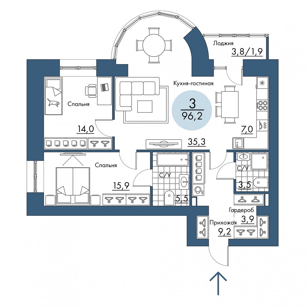 Фото объекта 3-комнатная квартира в ПОРТОВЫЙ - лофт-район на берегу Енисея, 8-й этаж, 3к, 96.20м² от застройщика Арбан — 21344