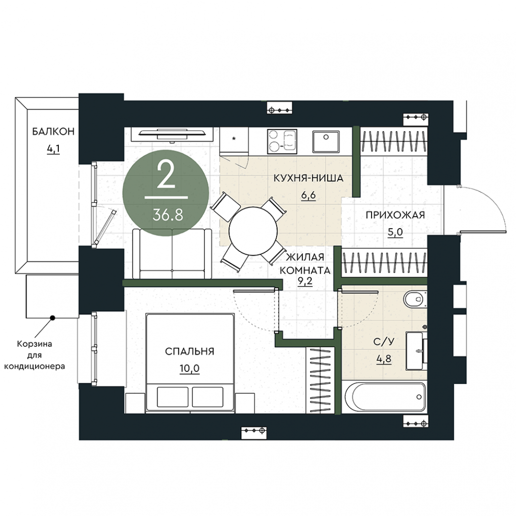 Фото объекта 2-комнатная квартира в КАЛИНА ДОЛИНА минирайон, 11-й этаж, 2к, 36.80м² от застройщика Арбан — 23103