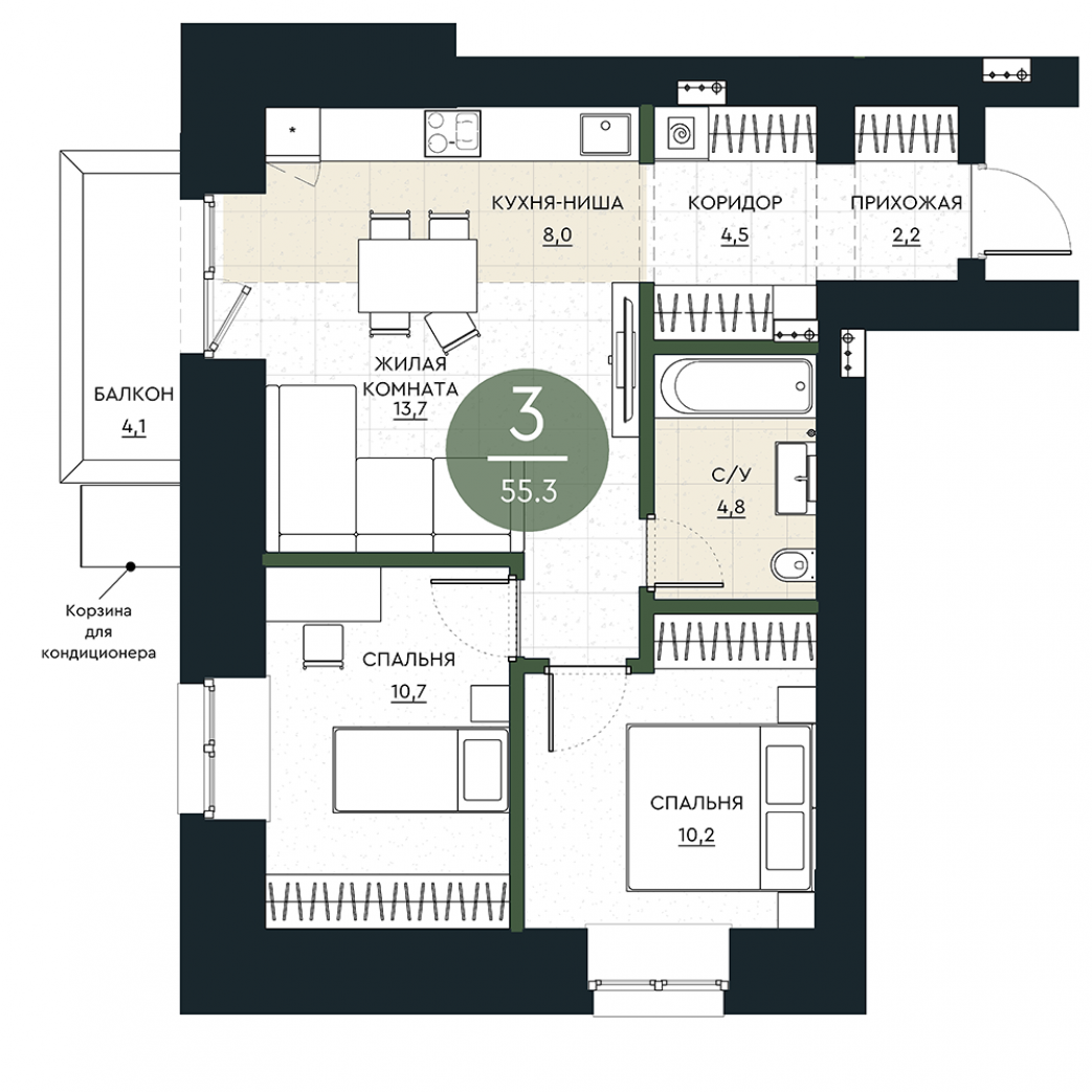 Фото объекта 3-комнатная квартира в КАЛИНА ДОЛИНА минирайон, 2-й этаж, 3к, 55.30м² от застройщика Арбан — 23003