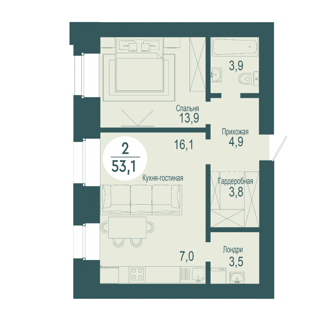 Фото объекта 2-комнатная квартира в SCANDIS OZERO, ул. Авиаторов, 2-й этаж, 2к, 53.10м² от застройщика Арбан — 4073