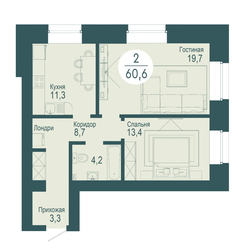 Фото объекта 2-комнатная квартира в SCANDIS OZERO, ул. Авиаторов, 2-й этаж, 2к, 60.60м² от застройщика Арбан — 4168