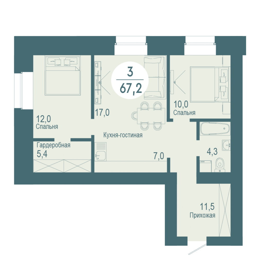 Фото объекта 3-комнатная квартира в SCANDIS OZERO, ул. Авиаторов, 2-й этаж, 3к, 67.20м² от застройщика Арбан — 4072