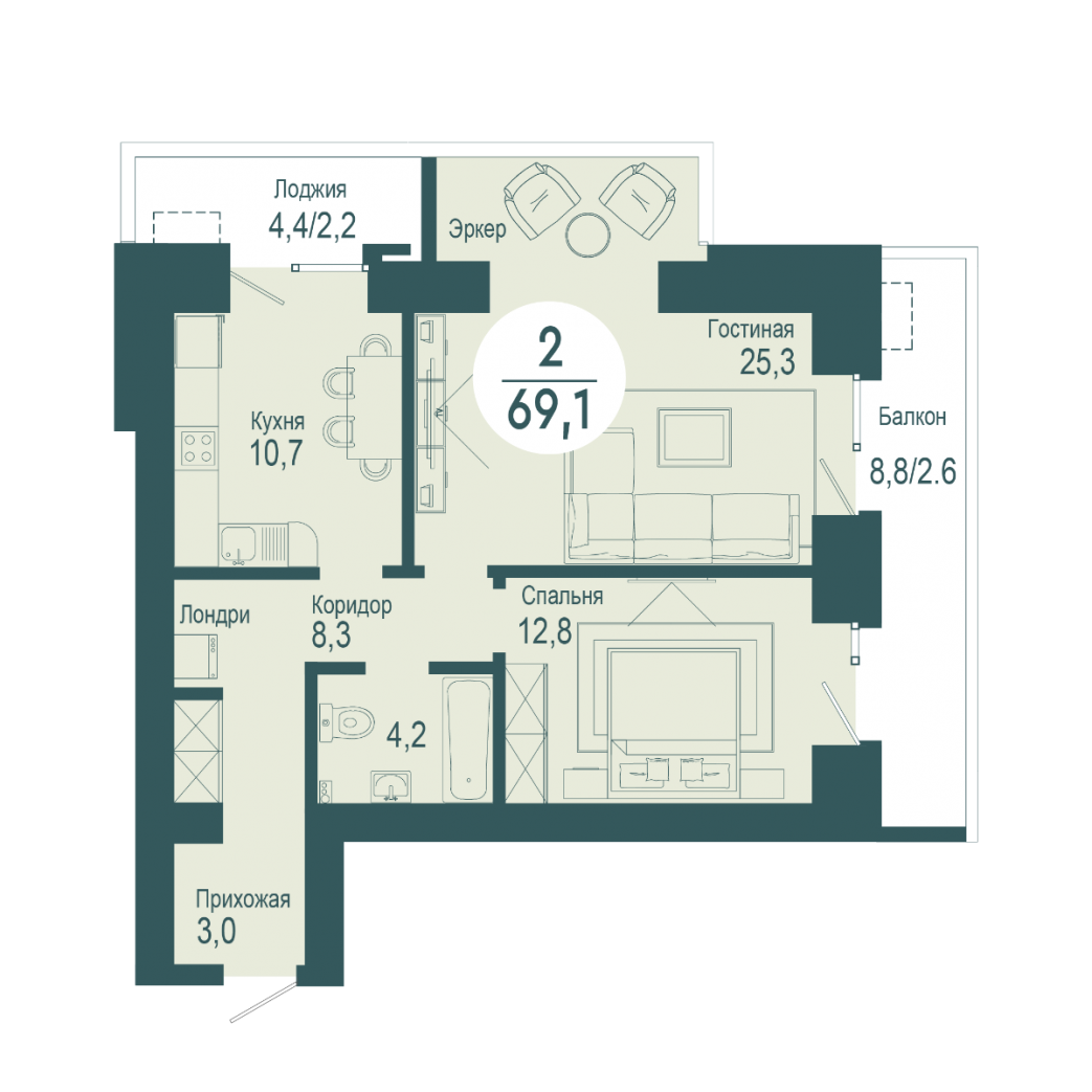 Фото объекта 2-комнатная квартира в SCANDIS OZERO, ул. Авиаторов, 5-й этаж, 2к, 69.10м² от застройщика Арбан — 4095