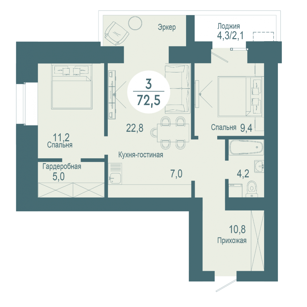 Фото объекта 3-комнатная квартира в SCANDIS OZERO, ул. Авиаторов, 7-й этаж, 3к, 72.50м² от застройщика Арбан — 17544