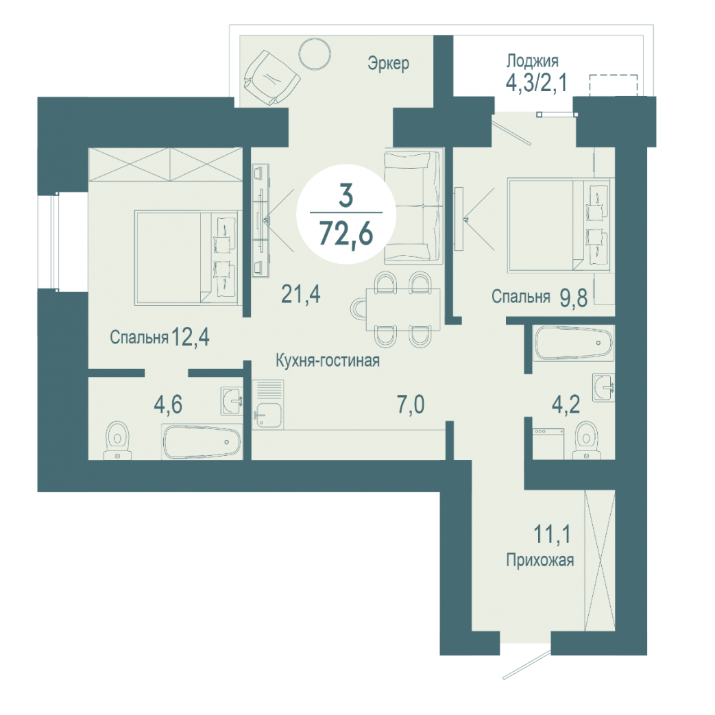 Фото объекта 3-комнатная квартира в SCANDIS OZERO, ул. Авиаторов, 13-й этаж, 3к, 72.60м² от застройщика Арбан — 4138