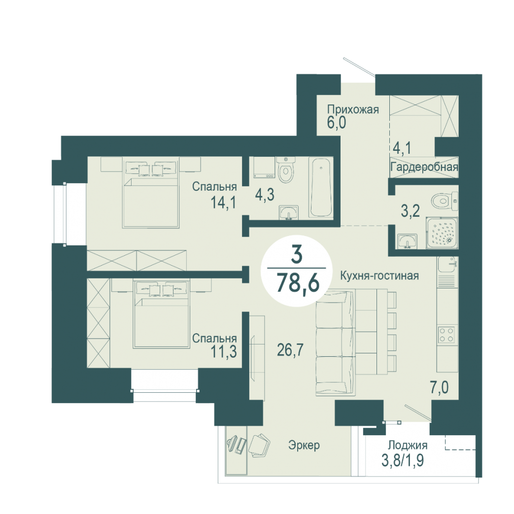 Фото объекта 3-комнатная квартира в SCANDIS OZERO, ул. Авиаторов, 9-й этаж, 3к, 78.60м² от застройщика Арбан — 3802