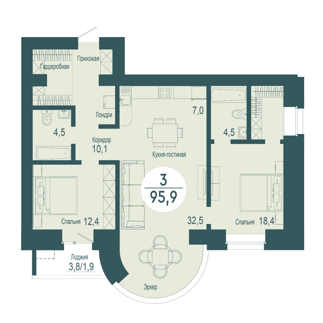 Фото объекта 3-комнатная квартира в SCANDIS OZERO, ул. Авиаторов, 11-й этаж, 3к, 95.90м² от застройщика Арбан — 17622