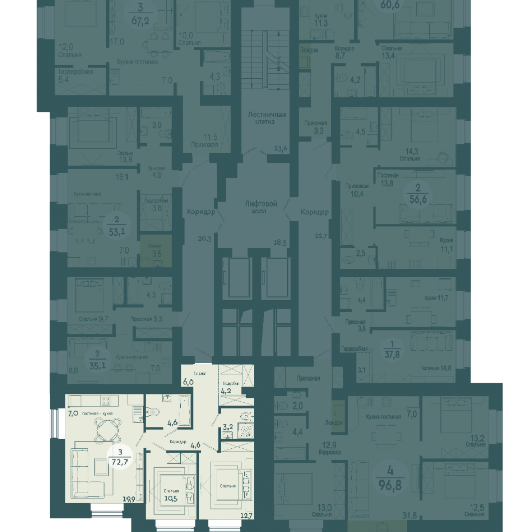 Фото объекта 3-комнатная квартира в SCANDIS OZERO, ул. Авиаторов, 2-й этаж, 3к, 72.70м² от застройщика Арбан — 4172
