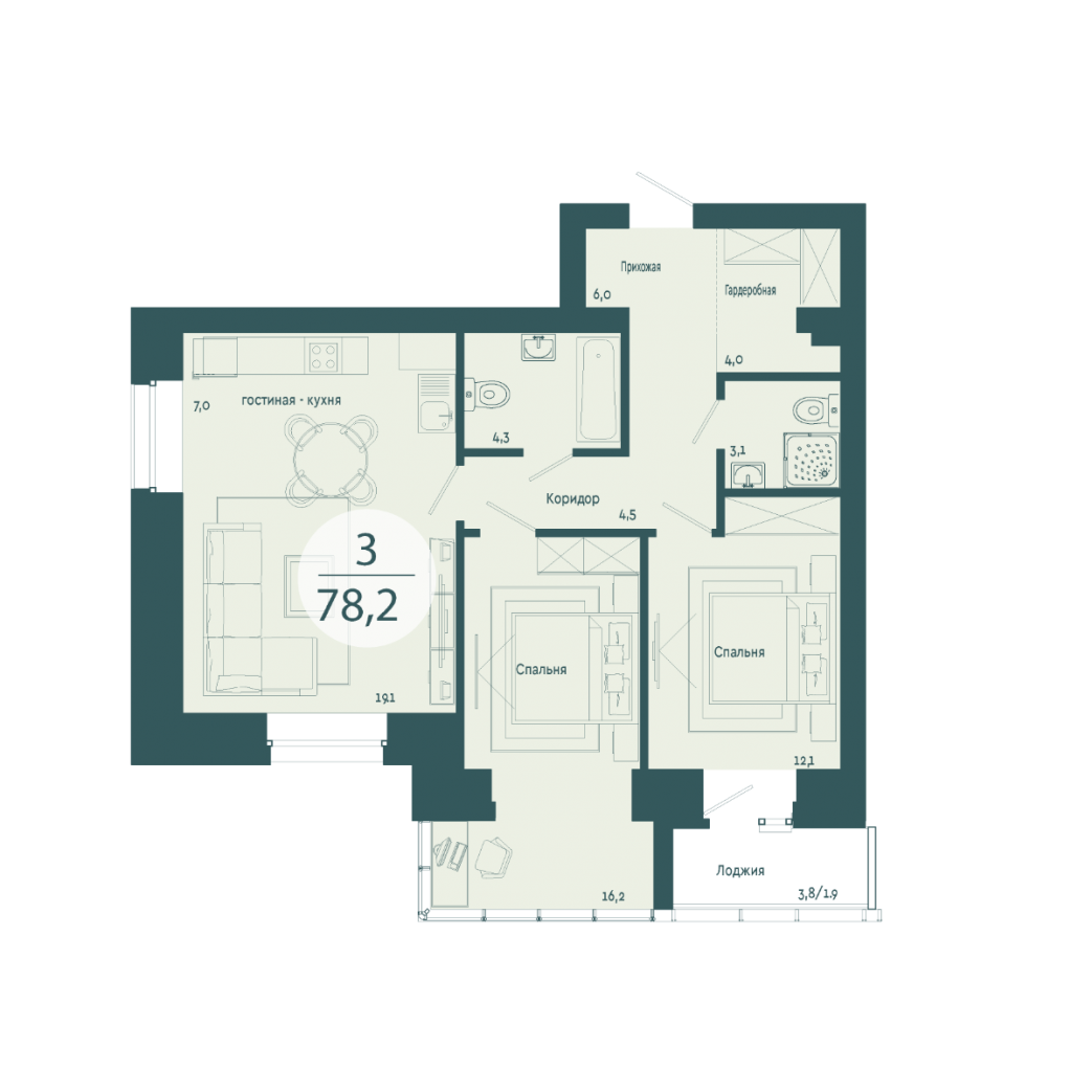 Фото объекта 3-комнатная квартира в SCANDIS OZERO, ул. Авиаторов, 6-й этаж, 3к, 78.20м² от застройщика Арбан — 4204