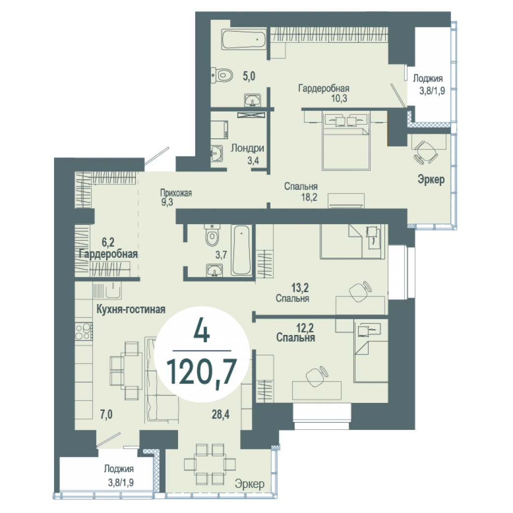 Фото объекта 4-комнатная квартира в SCANDIS OZERO, ул. Авиаторов, 14-й этаж, 4к, 120.70м² от застройщика Арбан — 4146