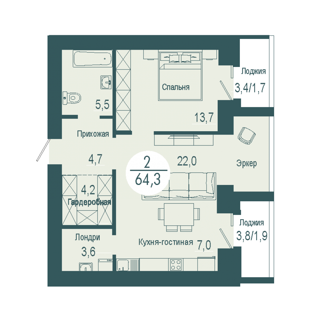 Фото объекта 2-комнатная квартира в SCANDIS OZERO, ул. Авиаторов, 13-й этаж, 2к, 64.30м² от застройщика Арбан — 3824