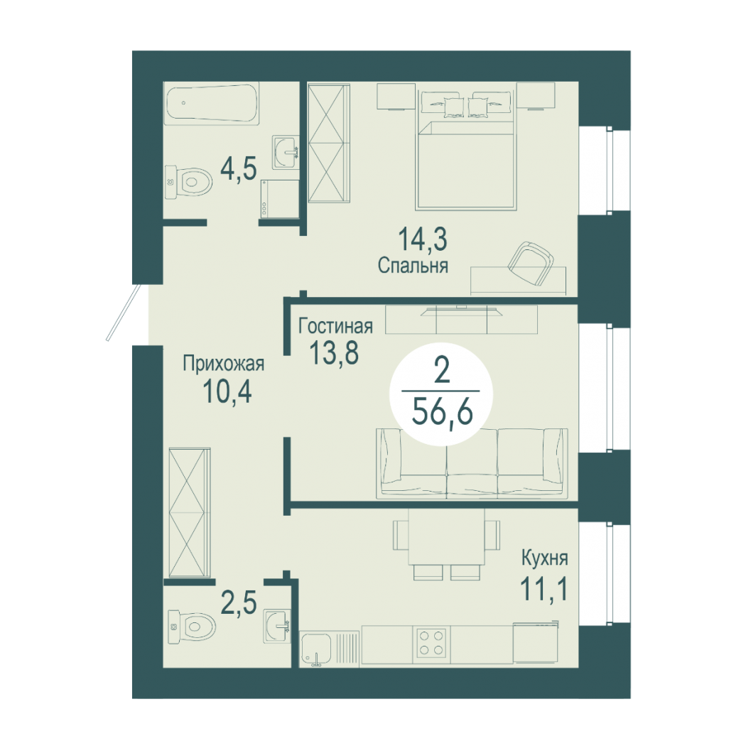 Фото объекта 2-комнатная квартира в SCANDIS OZERO, ул. Авиаторов, 2-й этаж, 2к, 56.60м² от застройщика Арбан — 9781