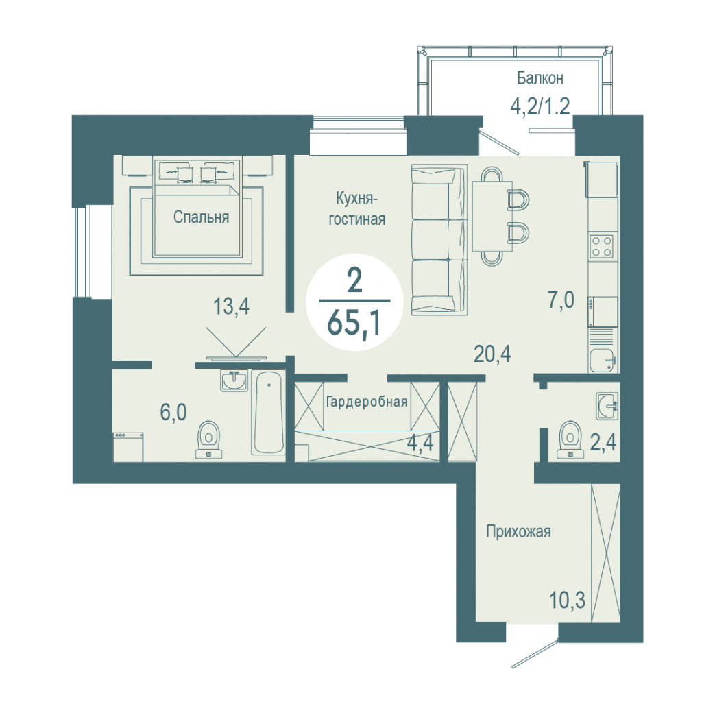 Фото объекта 2-комнатная квартира в SCANDIS OZERO, ул. Авиаторов, 4-й этаж, 2к, 65.10м² от застройщика Арбан — 9845