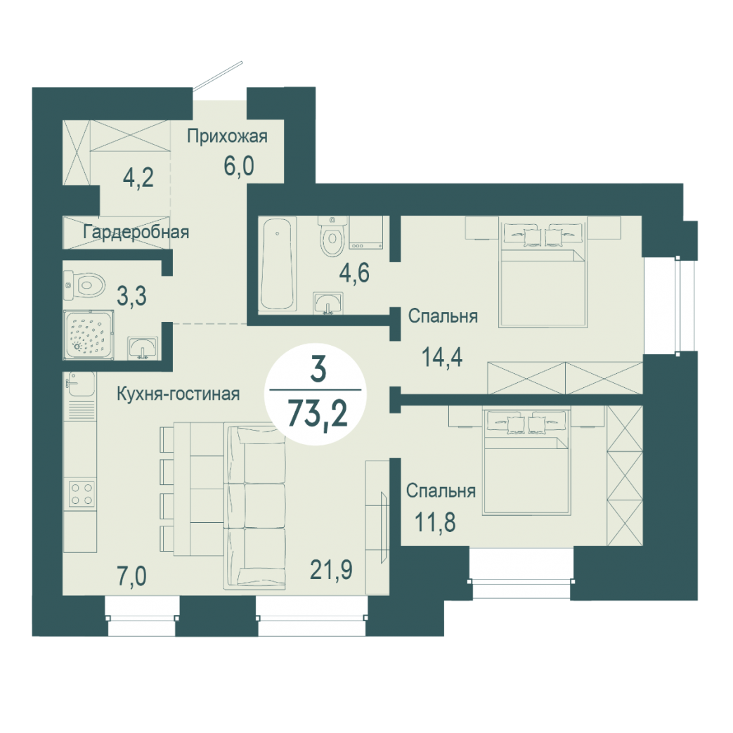 Фото объекта 3-комнатная квартира в SCANDIS OZERO, ул. Авиаторов, 2-й этаж, 3к, 73.20м² от застройщика Арбан — 9985