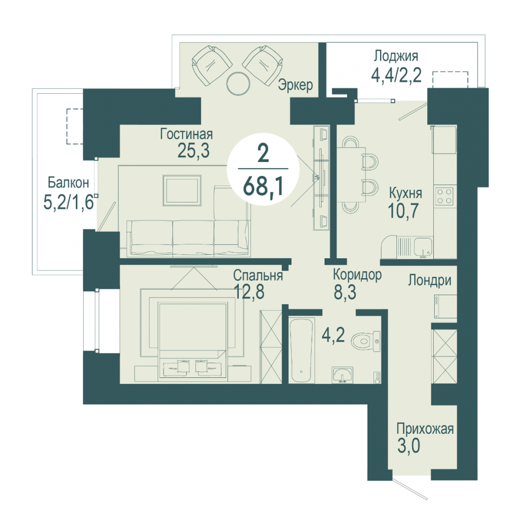 Фото объекта 2-комнатная квартира в SCANDIS OZERO, ул. Авиаторов, 4-й этаж, 2к, 68.10м² от застройщика Арбан — 9989