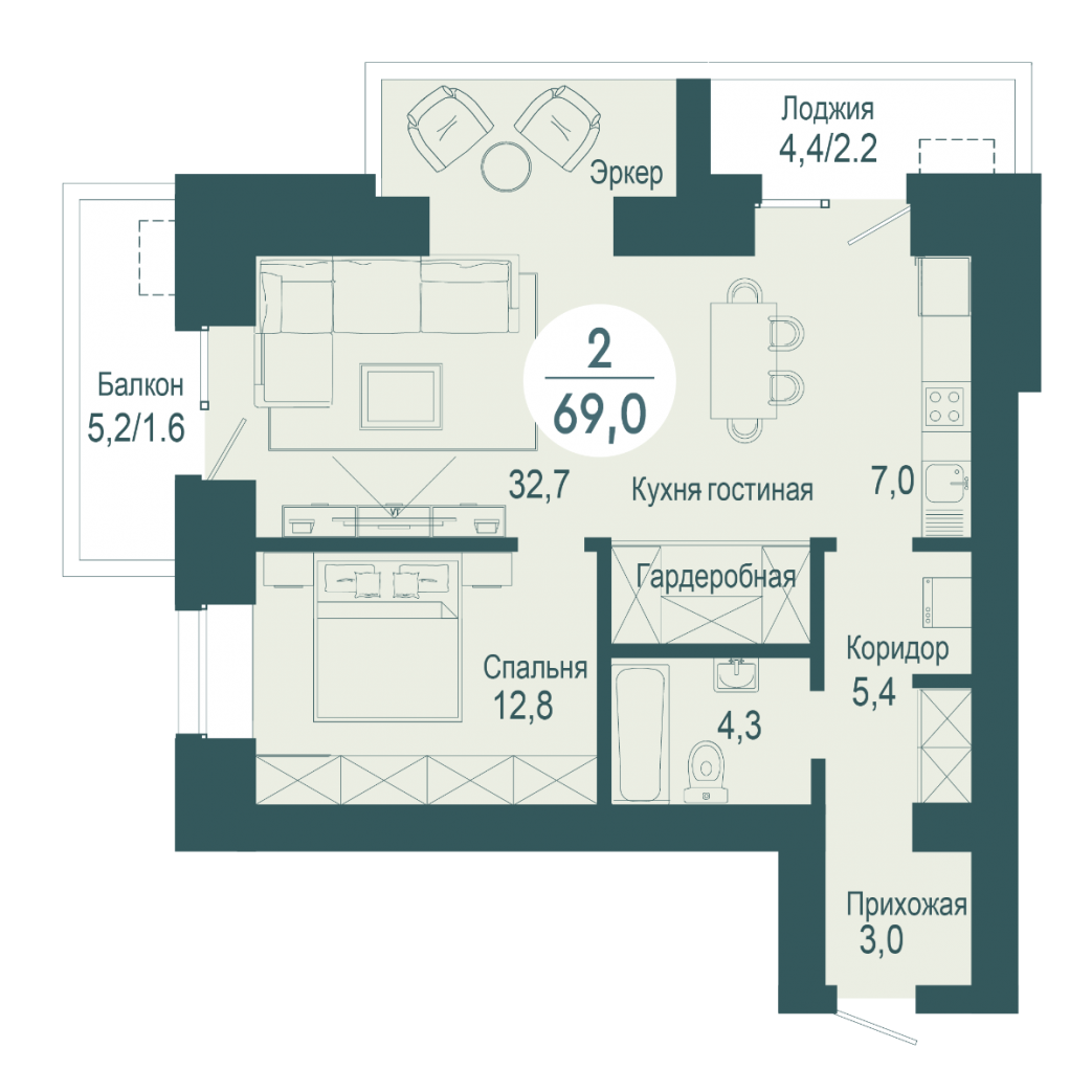 Фото объекта 2-комнатная квартира в SCANDIS OZERO, ул. Авиаторов, 14-й этаж, 2к, 69.00м² от застройщика Арбан — 9996
