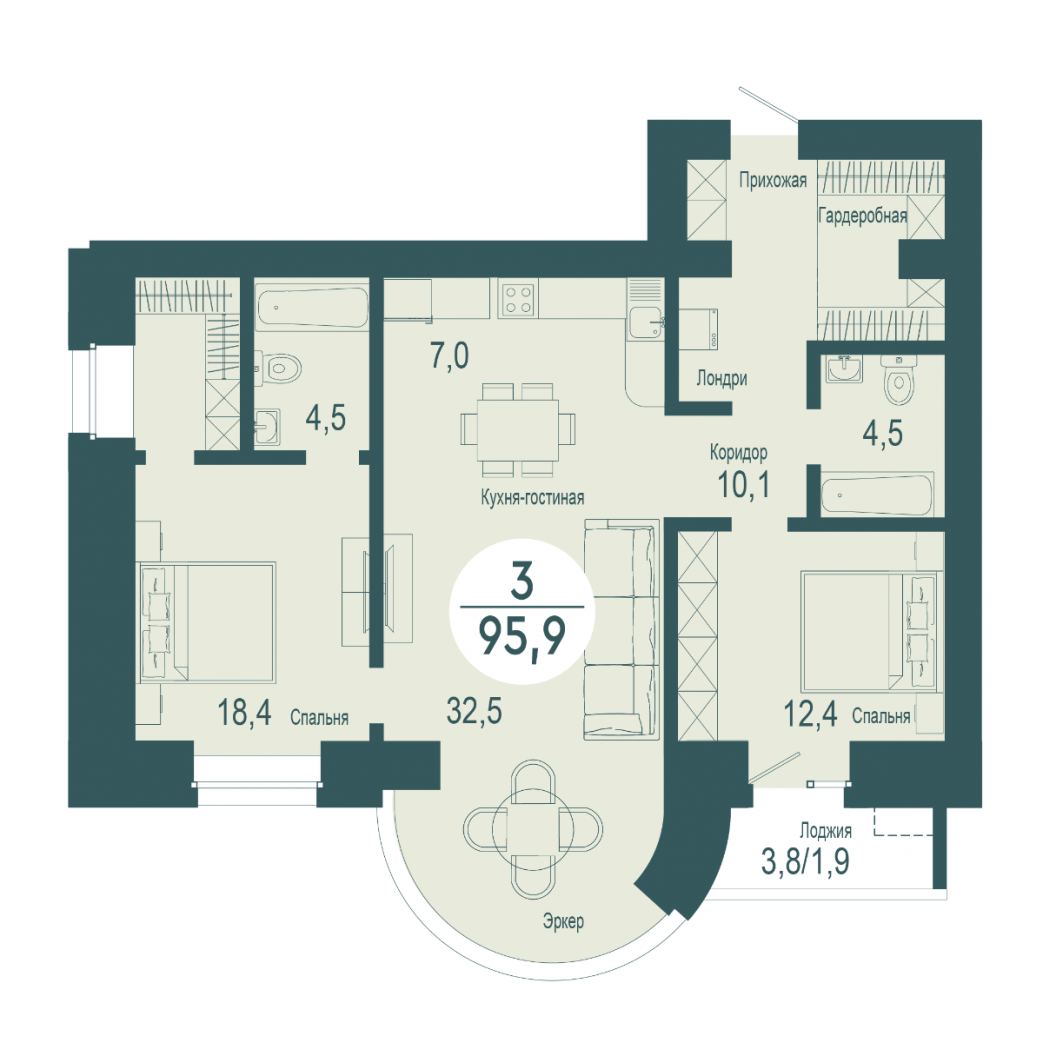 Фото объекта 3-комнатная квартира в SCANDIS OZERO, ул. Авиаторов, 10-й этаж, 3к, 95.90м² от застройщика Арбан — 10007