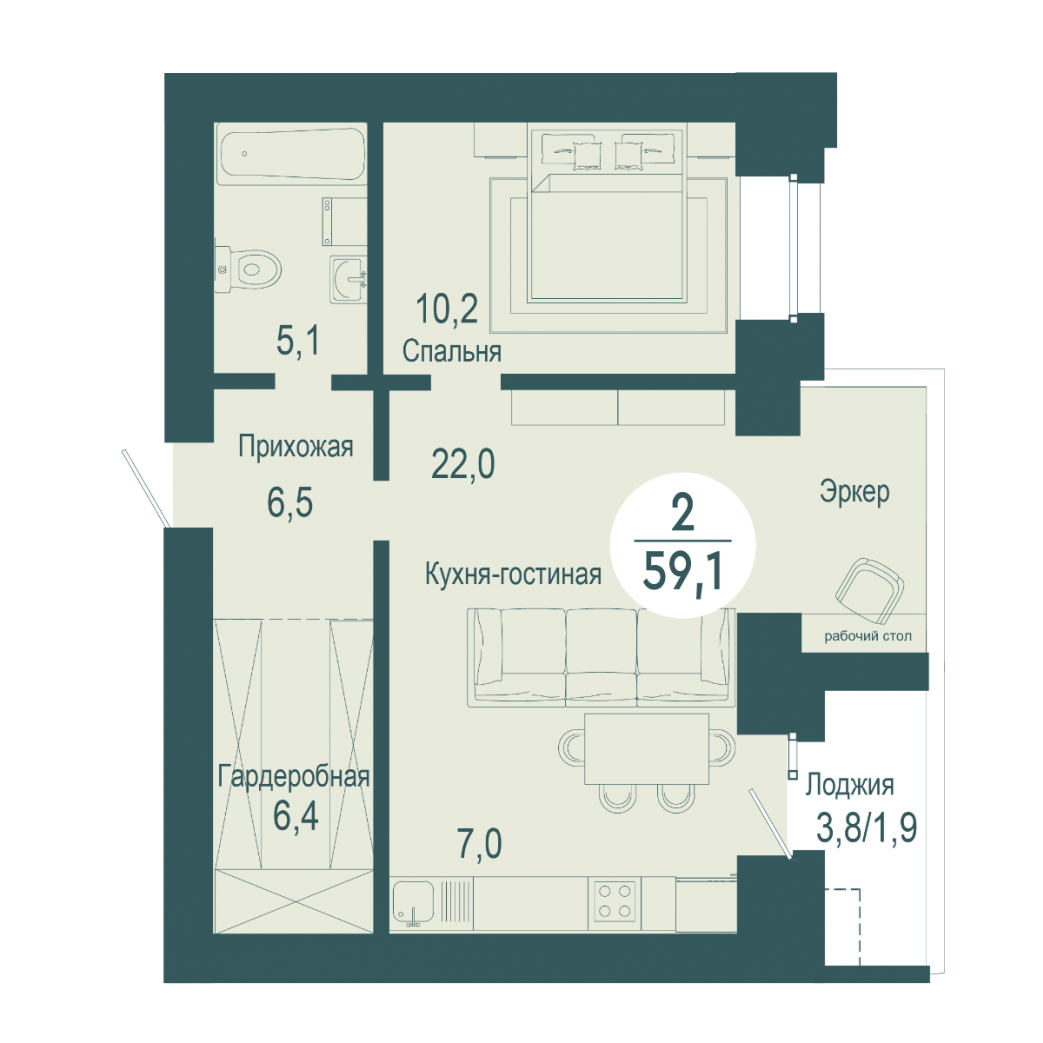 Фото объекта 2-комнатная квартира в SCANDIS OZERO, ул. Авиаторов, 16-й этаж, 2к, 59.10м² от застройщика Арбан — 10304