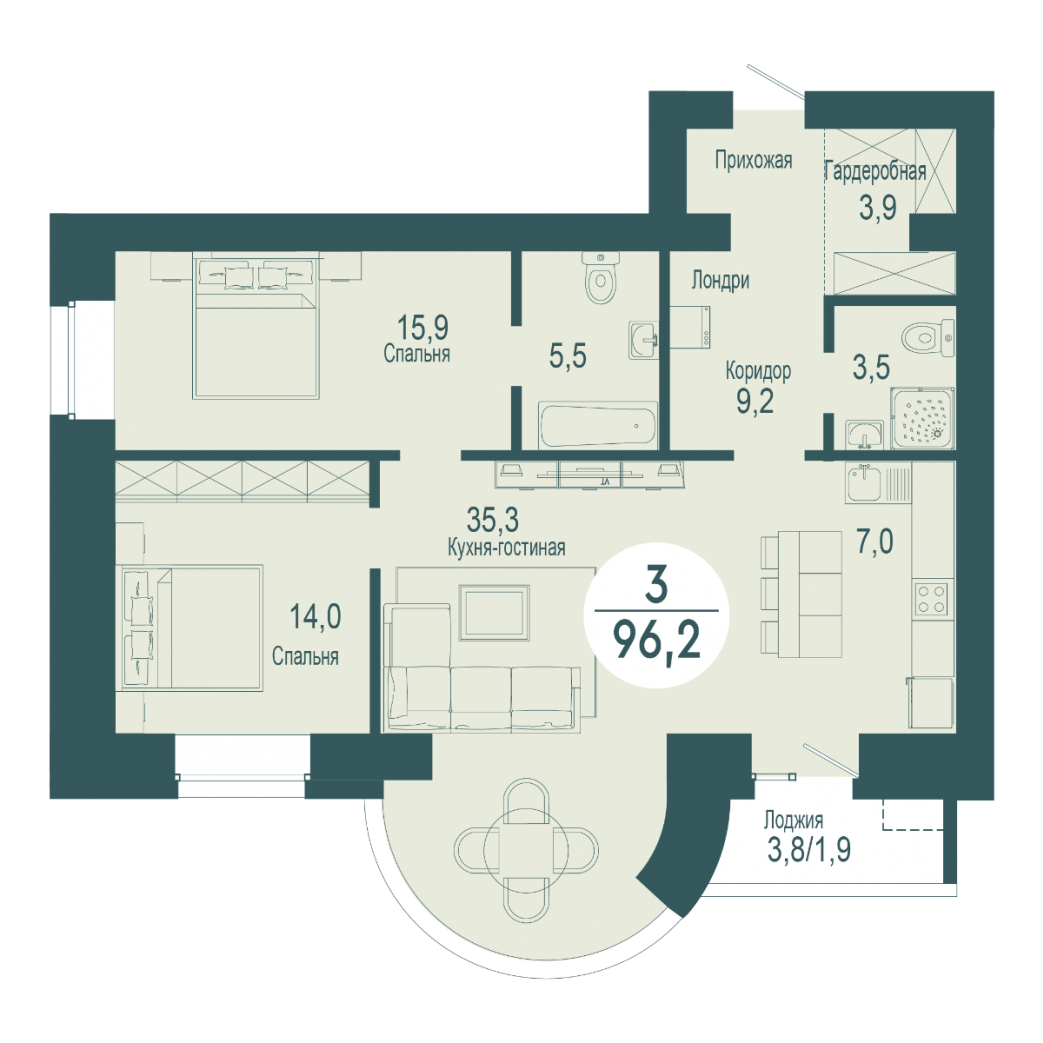 Фото объекта 3-комнатная квартира в SCANDIS OZERO, ул. Авиаторов, 13-й этаж, 3к, 96.20м² от застройщика Арбан — 10229