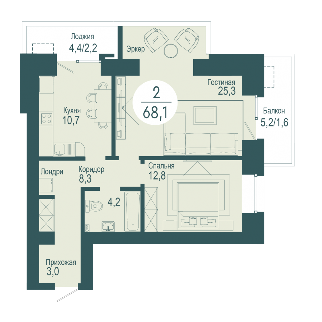 Фото объекта 2-комнатная квартира в SCANDIS OZERO, ул. Авиаторов, 3-й этаж, 2к, 68.10м² от застройщика Арбан — 10326