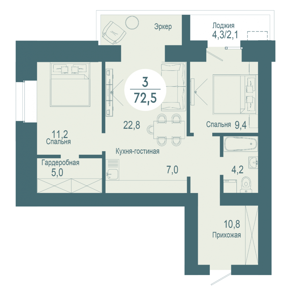 Фото объекта 3-комнатная квартира в SCANDIS OZERO микрорайон, ул. Авиаторов, 3-й этаж, 3к, 72.50м² от застройщика Арбан — 10429
