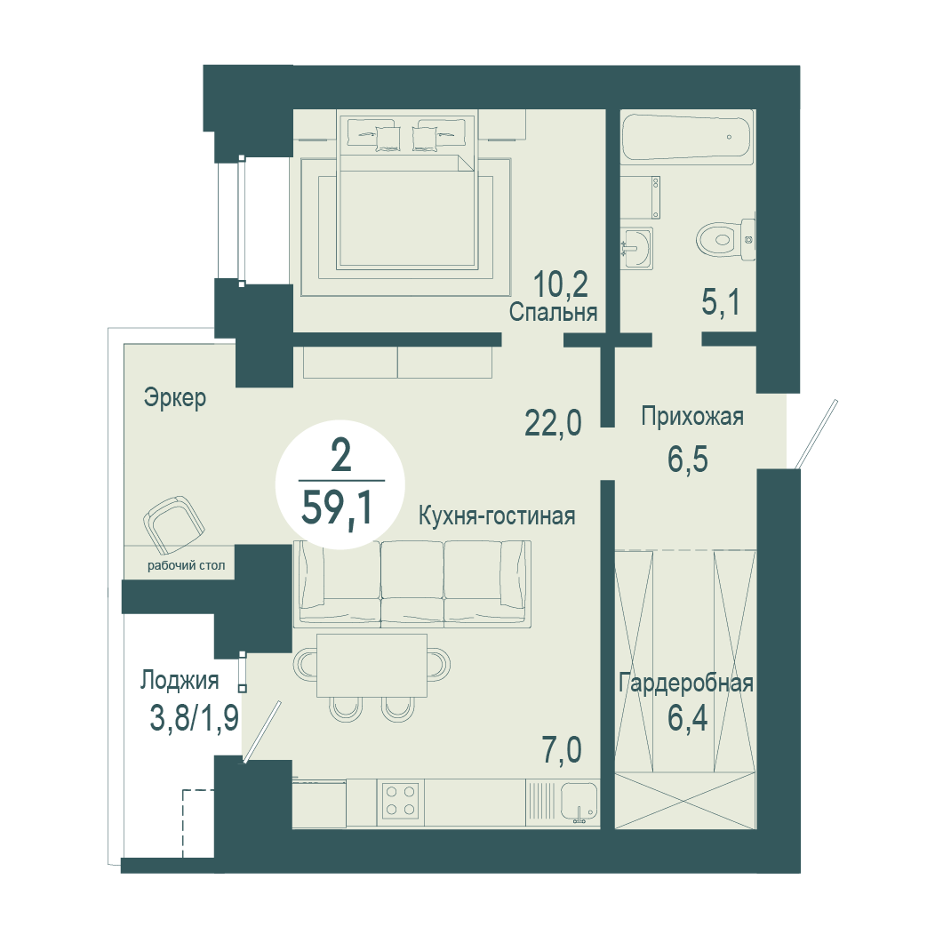 Фото объекта 2-комнатная квартира в SCANDIS OZERO, ул. Авиаторов, 16-й этаж, 2к, 59.10м² от застройщика Арбан — 10360