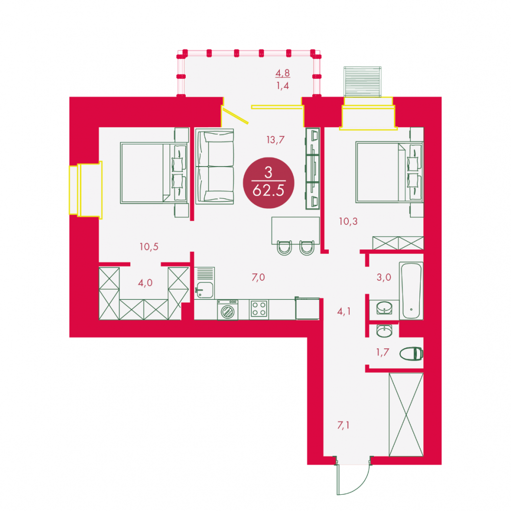 Фото объекта 3-комнатная квартира в Бульвар цветов, Караульная , 16-й этаж, 3к, 62.50м² от застройщика Арбан — 11692