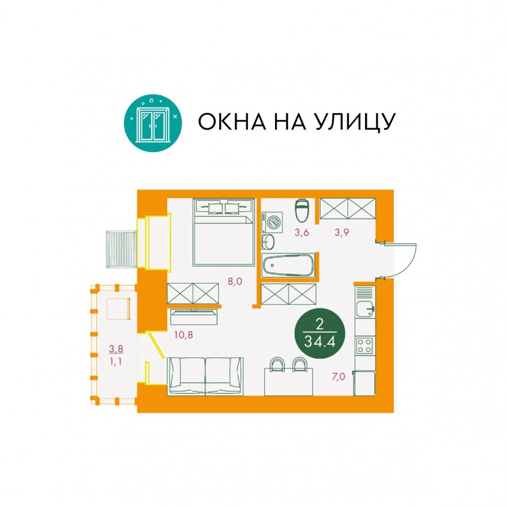 Фото объекта 2-комнатная квартира в Бульвар цветов, Караульная , 11-й этаж, 2к, 34.40м² от застройщика Арбан — 11478