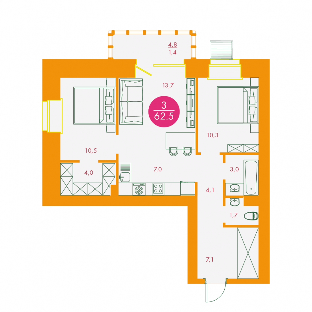 Фото объекта 3-комнатная квартира в Бульвар цветов, Караульная , 2-й этаж, 3к, 62.50м² от застройщика Арбан — 11419