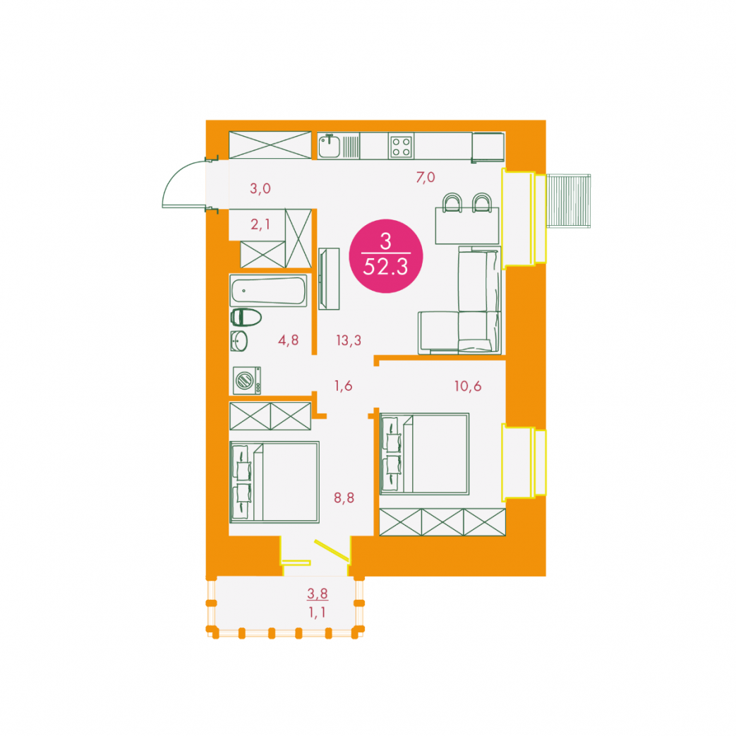 Фото объекта 3-комнатная квартира в Бульвар цветов, Караульная , 5-й этаж, 3к, 52.30м² от застройщика Арбан — 11423