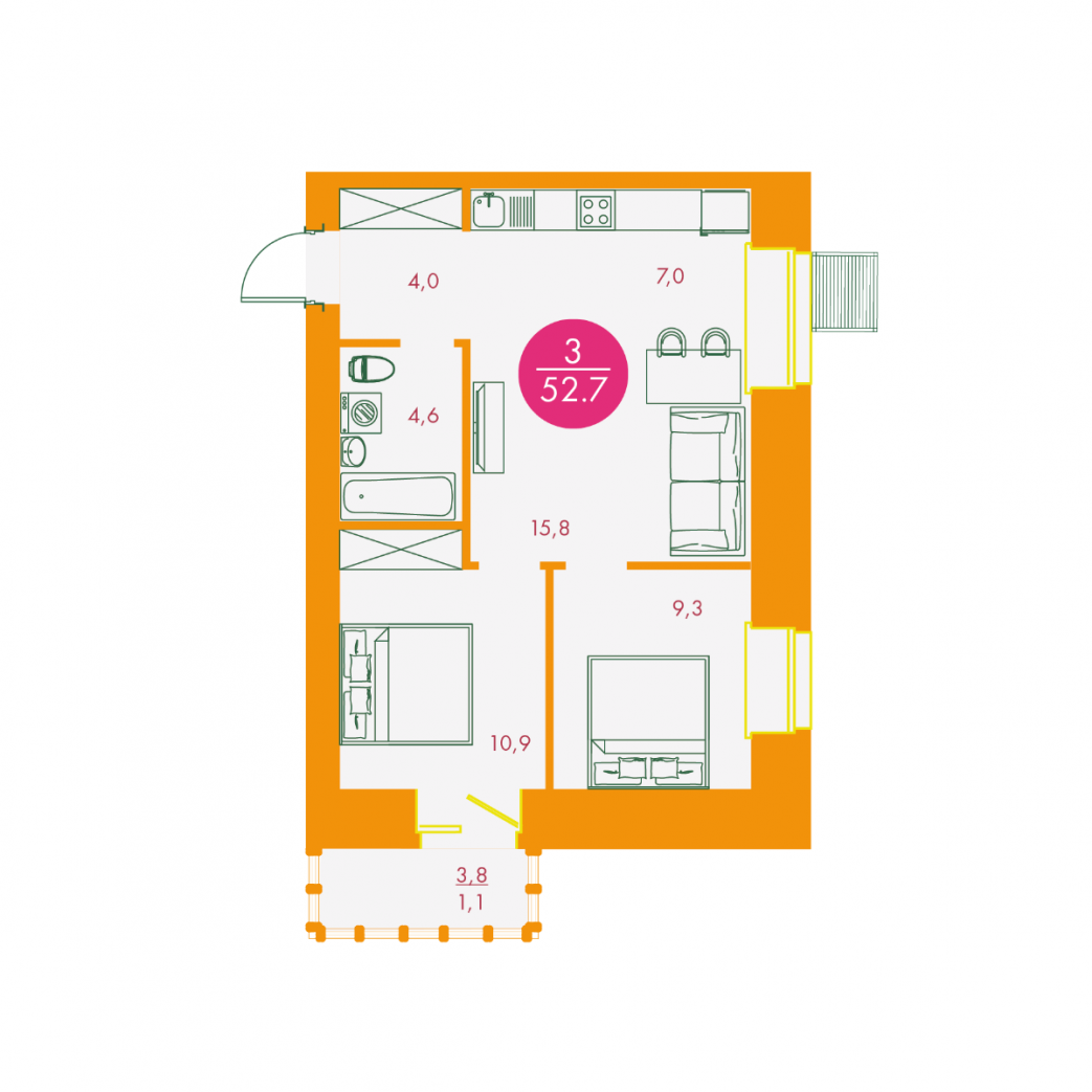 Фото объекта 3-комнатная квартира в Бульвар цветов, Караульная , 13-й этаж, 3к, 52.70м² от застройщика Арбан — 11490