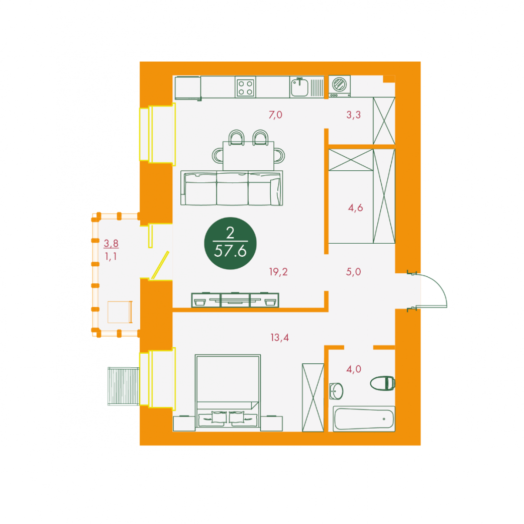Фото объекта 2-комнатная квартира в Бульвар цветов, Караульная , 2-й этаж, 2к, 57.60м² от застройщика Арбан — 11430