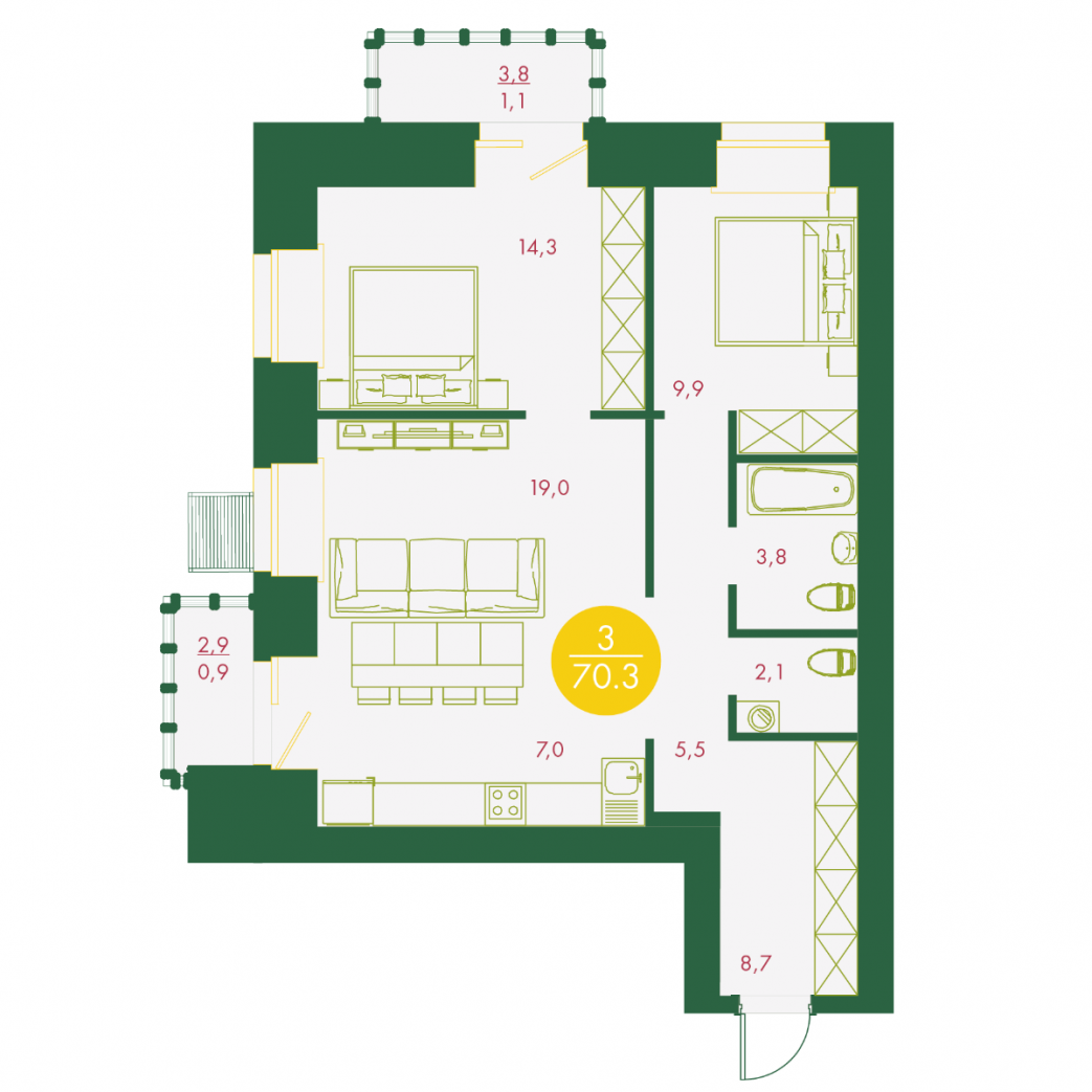 Фото объекта 3-комнатная квартира в Бульвар цветов, Караульная , 2-й этаж, 3к, 70.30м² от застройщика Арбан — 11085