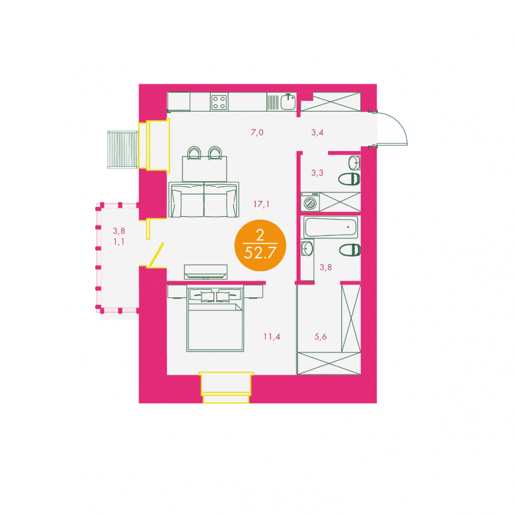 Фото объекта 2-комнатная квартира в Бульвар цветов, Караульная , 6-й этаж, 2к, 52.70м² от застройщика Арбан — 10948