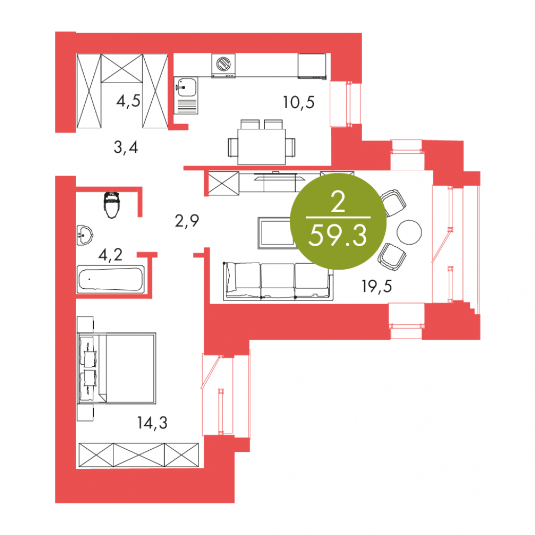 Фото объекта 2-комнатная квартира в БАРБАРИС, ул. Мужества, 2-й этаж, 2к, 59.30м² от застройщика Арбан — 12142